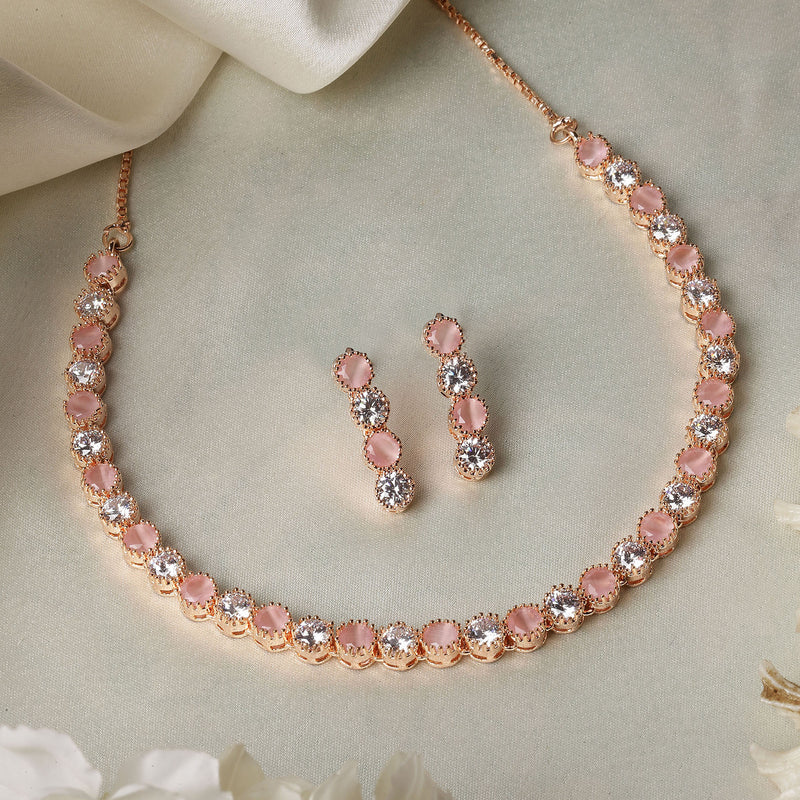 Rose Gold-Plated Round Pink & White American Diamond Studded Necklace Earrings Jewellery Set