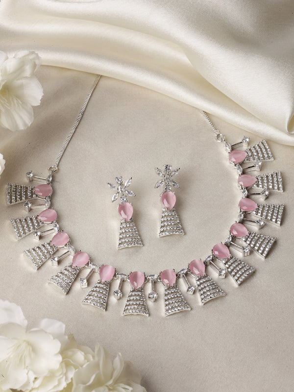 Rhodium-Plated Silver Toned Teardrop Pink American Diamond Studded Necklace Earrings Jewellery Set