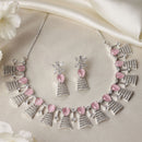 Rhodium-Plated Silver Toned Teardrop Pink American Diamond Studded Necklace Earrings Jewellery Set