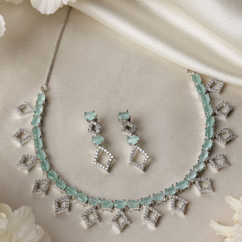 Rhodium-Plated Silver Toned Rectangle Sea Green American Diamond Studded Necklace Earrings Jewellery Set