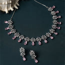 Rhodium-Plated Silver Toned Teardrop Pink American Diamond Studded Necklace Earrings Jewellery Set