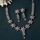 Rhodium-Plated Silver Toned Star Pink American Diamond Studded Necklace Earrings Jewellery Set