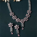 Rhodium-Plated Silver Toned Flower Pink American Diamond Studded Necklace with Earring Jewellery Set