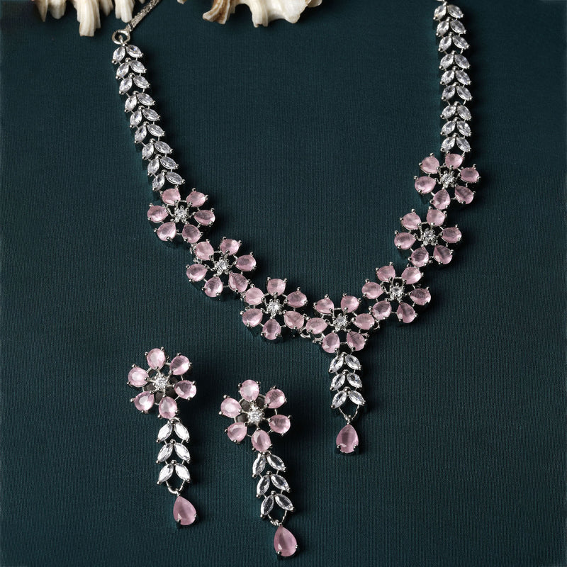 Rhodium-Plated Silver Toned Flower Pink American Diamond Studded Necklace with Earring Jewellery Set