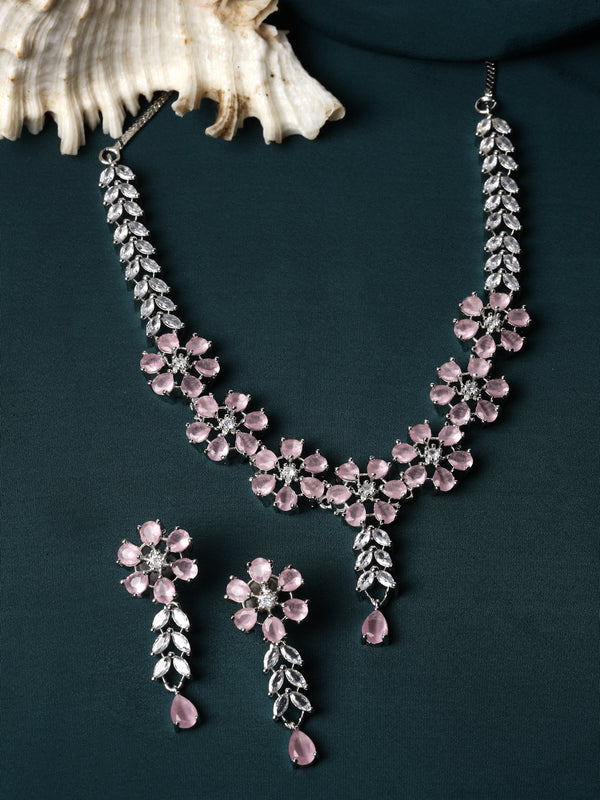 Rhodium-Plated Silver Toned Flower Pink American Diamond Studded Necklace with Earring Jewellery Set