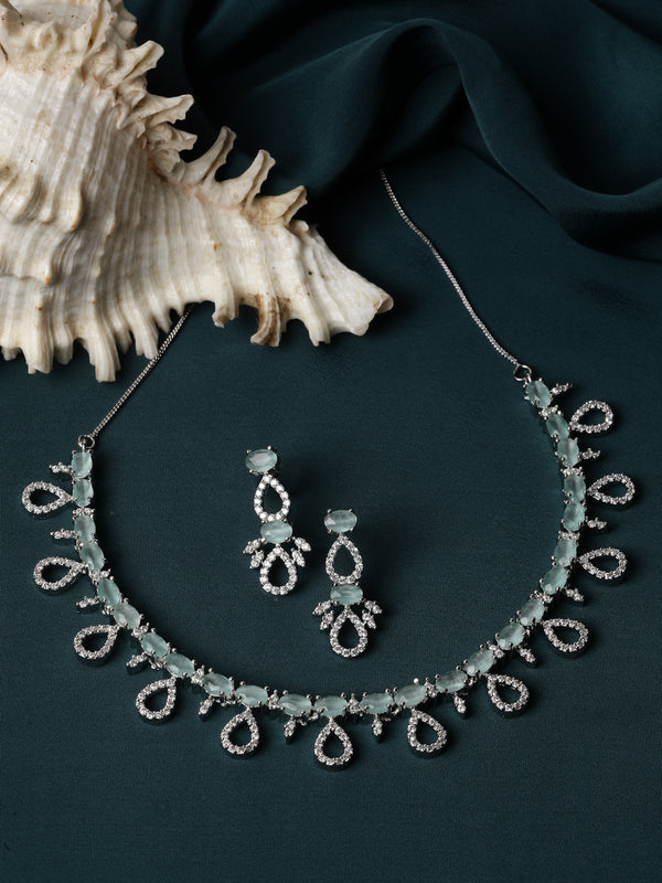 Rhodium-Plated Silver Toned Sea Green American Diamond Studded Necklace with Earrings Jewellery Set