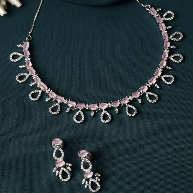 Rhodium-Plated Silver Toned Pink American Diamond Studded Necklace with Earrings Jewellery Set