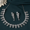 Rhodium-Plated Silver Toned Leaf White American Diamond Studded Necklace with Earrings Jewellery Set