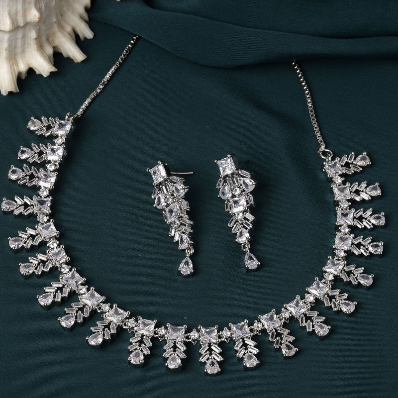 Rhodium-Plated Silver Toned Leaf White American Diamond Studded Necklace with Earrings Jewellery Set