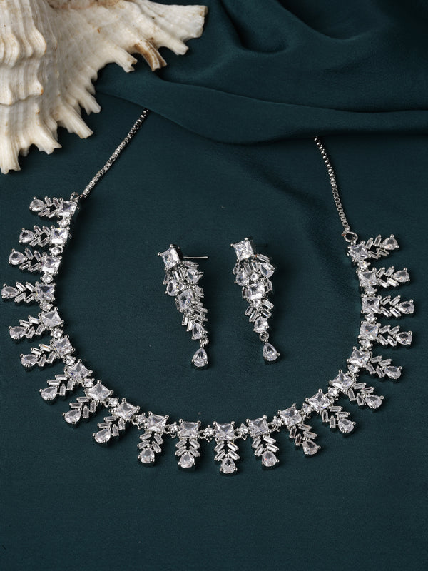 Rhodium-Plated Silver Toned Leaf White American Diamond Studded Necklace with Earrings Jewellery Set