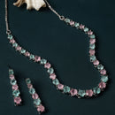 Rhodium-Plated Silver Toned Round Pink & Sea Green American Diamond Studded Necklace Earrings Jewellery Set