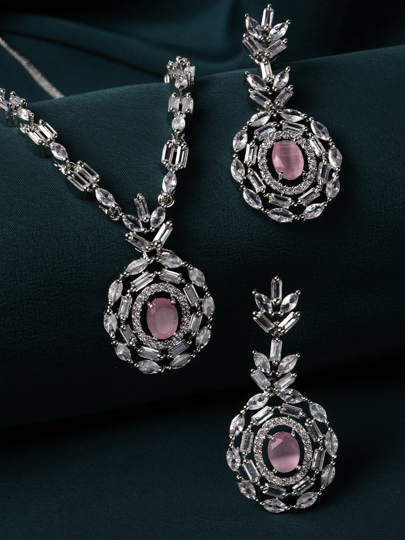 Rhodium-Plated Silver Toned Square Pink American Diamond Studded Necklace with Earring Jewellery Set