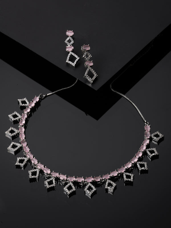 Rhodium-Plated Silver Toned Rectangle Pink American Diamond Studded Necklace Earrings Jewellery Set