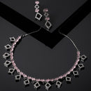 Rhodium-Plated Silver Toned Rectangle Pink American Diamond Studded Necklace Earrings Jewellery Set