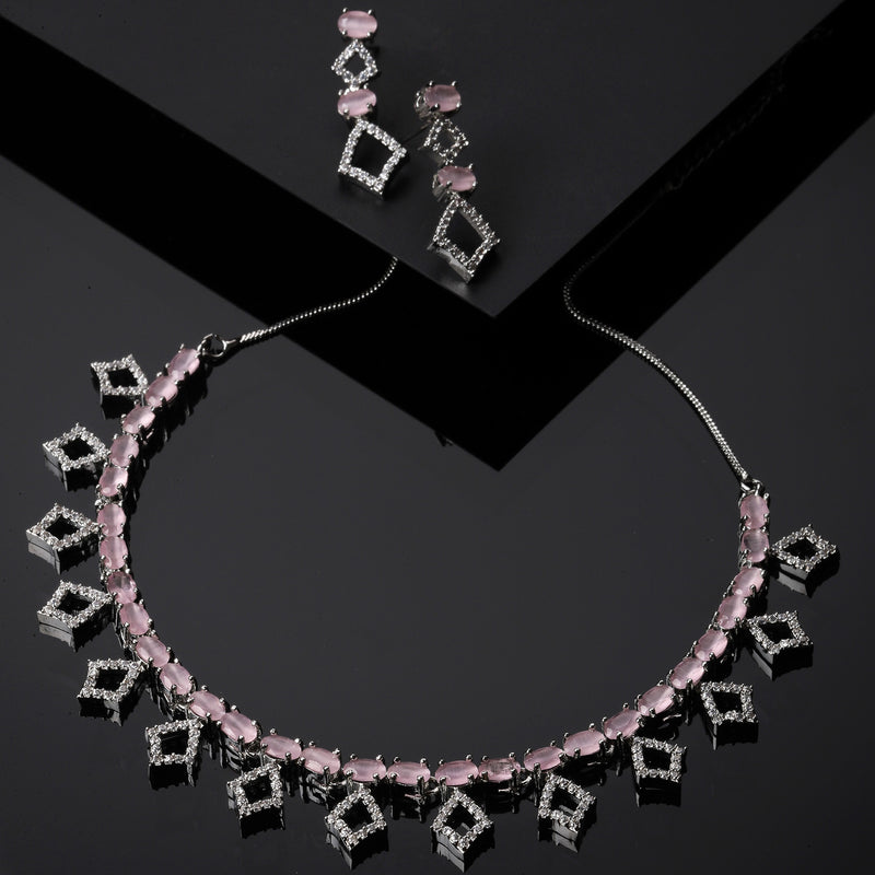 Rhodium-Plated Silver Toned Rectangle Pink American Diamond Studded Necklace Earrings Jewellery Set