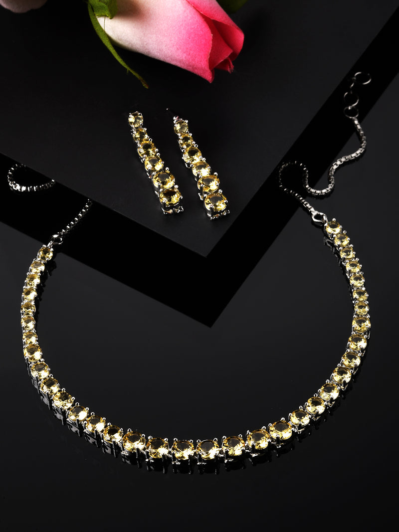 Rhodium-Plated Silver Toned Round Yellow American Diamond Studded Necklace Earrings Jewellery Set