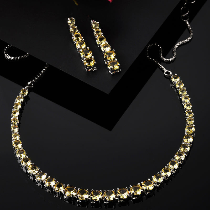 Rhodium-Plated Silver Toned Round Yellow American Diamond Studded Necklace Earrings Jewellery Set
