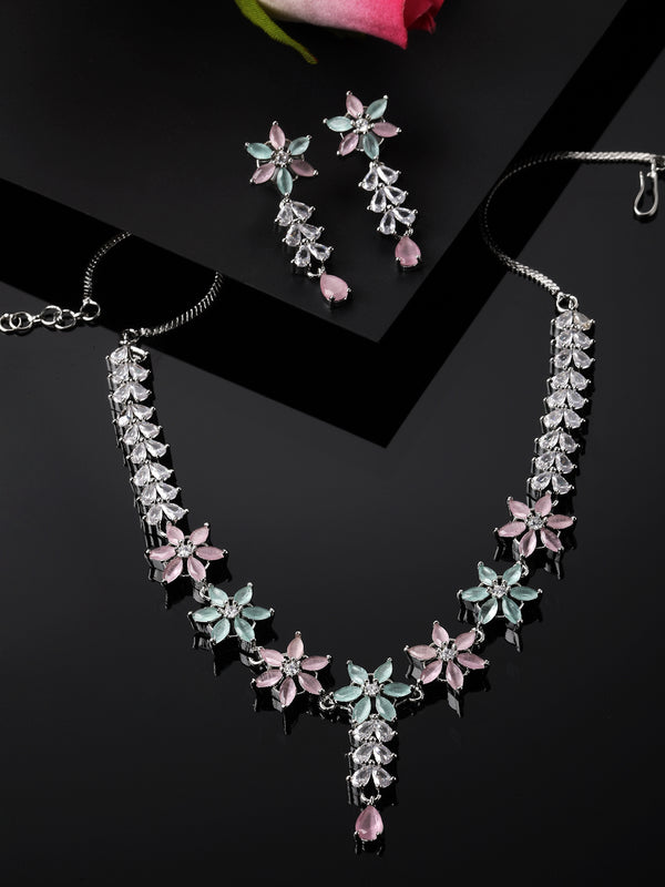 Rhodium-Plated Silver Toned Star Sea Green & Pink American Diamond Studded Necklace Earrings Jewellery Set