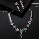 Rhodium-Plated Silver Toned Star Sea Green & Pink American Diamond Studded Necklace Earrings Jewellery Set