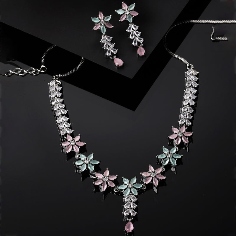 Rhodium-Plated Silver Toned Star Sea Green & Pink American Diamond Studded Necklace Earrings Jewellery Set