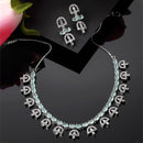 Rhodium-Plated Silver Toned Rectangle Sea Green American Diamond Studded Necklace Earrings Jewellery Set