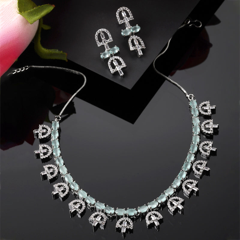 Rhodium-Plated Silver Toned Rectangle Sea Green American Diamond Studded Necklace Earrings Jewellery Set