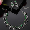 Rhodium-Plated Silver Toned Green American Diamond Studded Necklace with Earrings Jewellery set