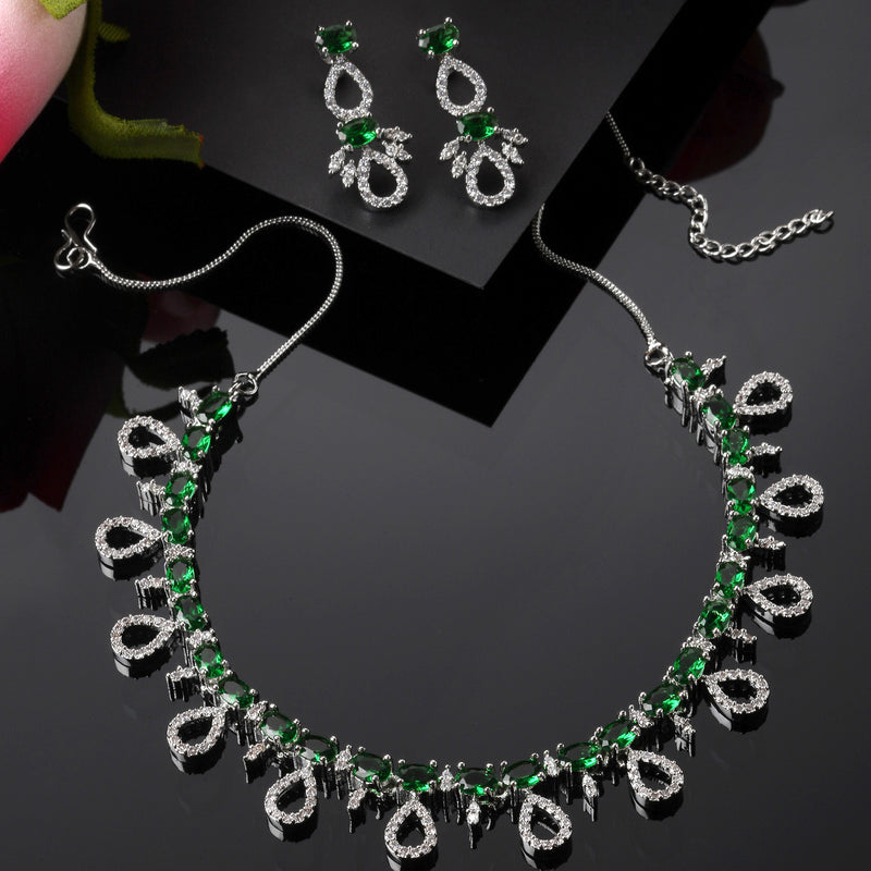Rhodium-Plated Silver Toned Green American Diamond Studded Necklace with Earrings Jewellery set
