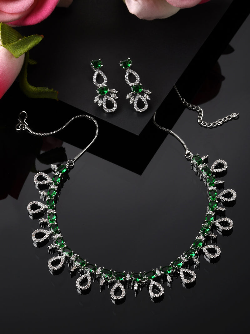 Rhodium-Plated Silver Toned Green American Diamond Studded Necklace with Earrings Jewellery set