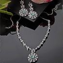 Rhodium-Plated Silver Tone Square Sea Green American Diamond Studded Necklace with Earring Jewellery Set