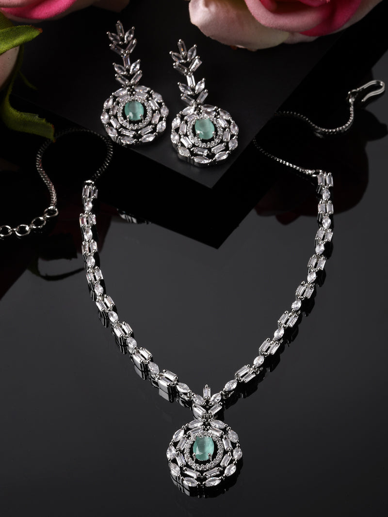 Rhodium-Plated Silver Tone Square Lime Green American Diamond Studded Necklace with Earring Jewellery Set