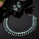 Rhodium-Plated Silver Toned Pear Sea Green American Diamond Studded Necklace Earrings Jewellery Set