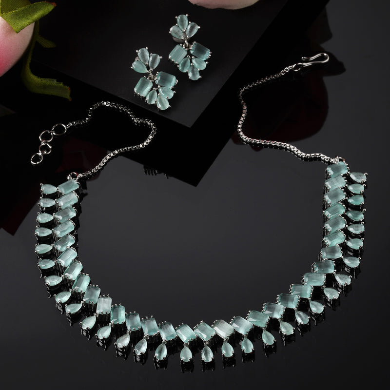 Rhodium-Plated Silver Toned Pear Sea Green American Diamond Studded Necklace Earrings Jewellery Set