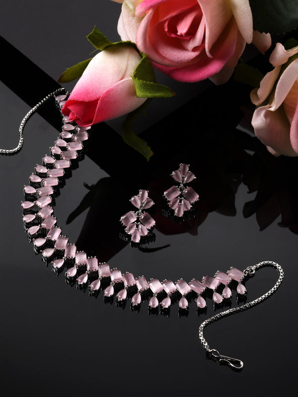 Rhodium-Plated Silver Toned Pear Pink American Diamond Studded Necklace Earrings Jewellery Set