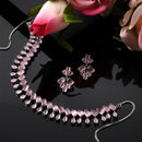 Rhodium-Plated Silver Toned Pear Pink American Diamond Studded Necklace Earrings Jewellery Set