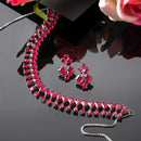Rhodium-Plated Silver Toned Pear Red American Diamond Studded Necklace Earrings Jewellery Set