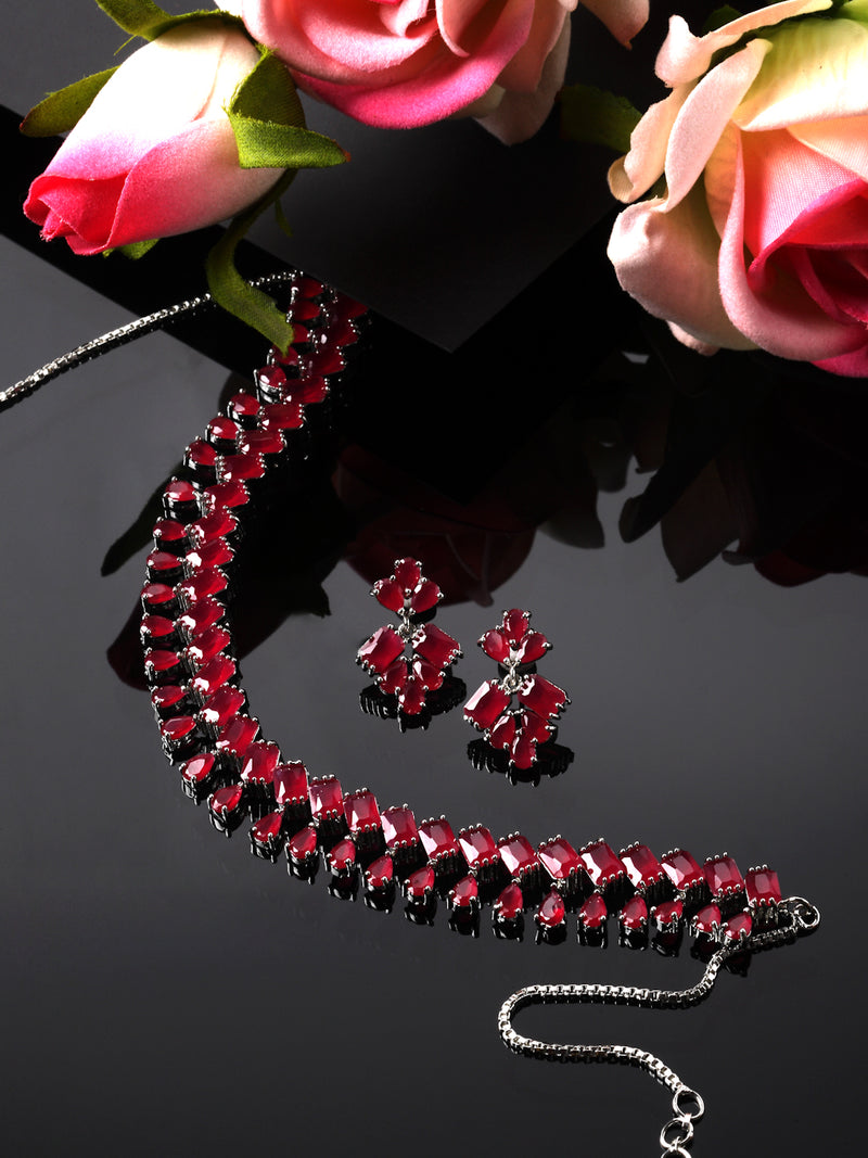 Rhodium-Plated Silver Toned Pear Red American Diamond Studded Necklace Earrings Jewellery Set