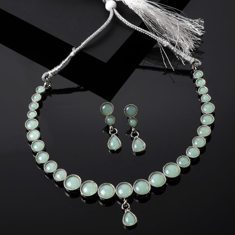 Oxidised Silver-Plated Lime Green Round American Diamond Studded Necklace with Earring Jewellery Set