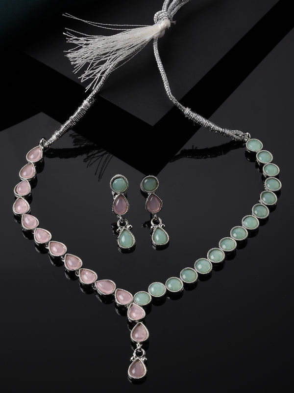 Oxidised Silver-Plated Pink-Lime Green American Diamond Studded Necklace with Earring Jewellery Set