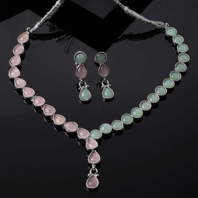 Oxidised Silver-Plated Pink-Lime Green American Diamond Studded Necklace with Earring Jewellery Set