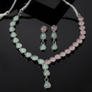 Oxidised Silver-Plated Lime Green-Pink American Diamond Studded Necklace with Earring Jewellery Set