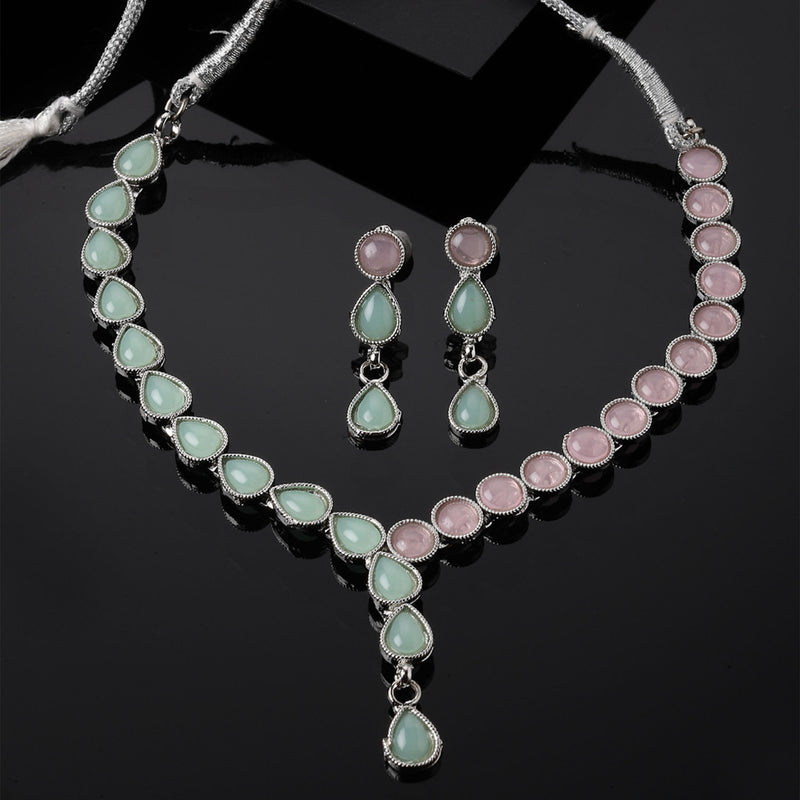 Oxidised Silver-Plated Lime Green-Pink American Diamond Studded Necklace with Earring Jewellery Set