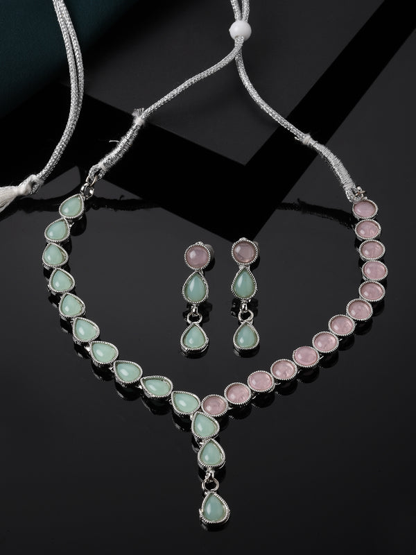 Oxidised Silver-Plated Lime Green-Pink American Diamond Studded Necklace with Earring Jewellery Set