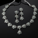 Oxidised Silver-Plated Flower Shaped Lime Green American Diamond Studded Necklace Earrings Jewellery Set
