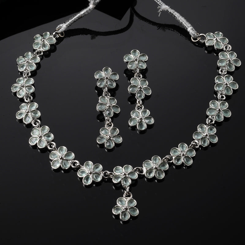 Oxidised Silver-Plated Flower Shaped Lime Green American Diamond Studded Necklace Earrings Jewellery Set