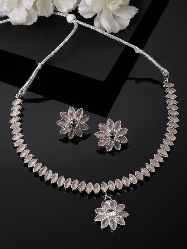 Oxidised Silver-Plated Flower & Leaf Pink American Diamond Studded Necklace Earrings Jewellery Set