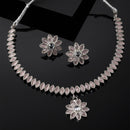 Oxidised Silver-Plated Flower & Leaf Pink American Diamond Studded Necklace Earrings Jewellery Set