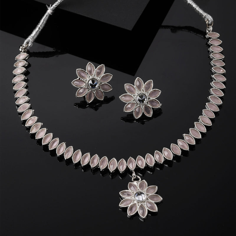 Oxidised Silver-Plated Flower & Leaf Pink American Diamond Studded Necklace Earrings Jewellery Set