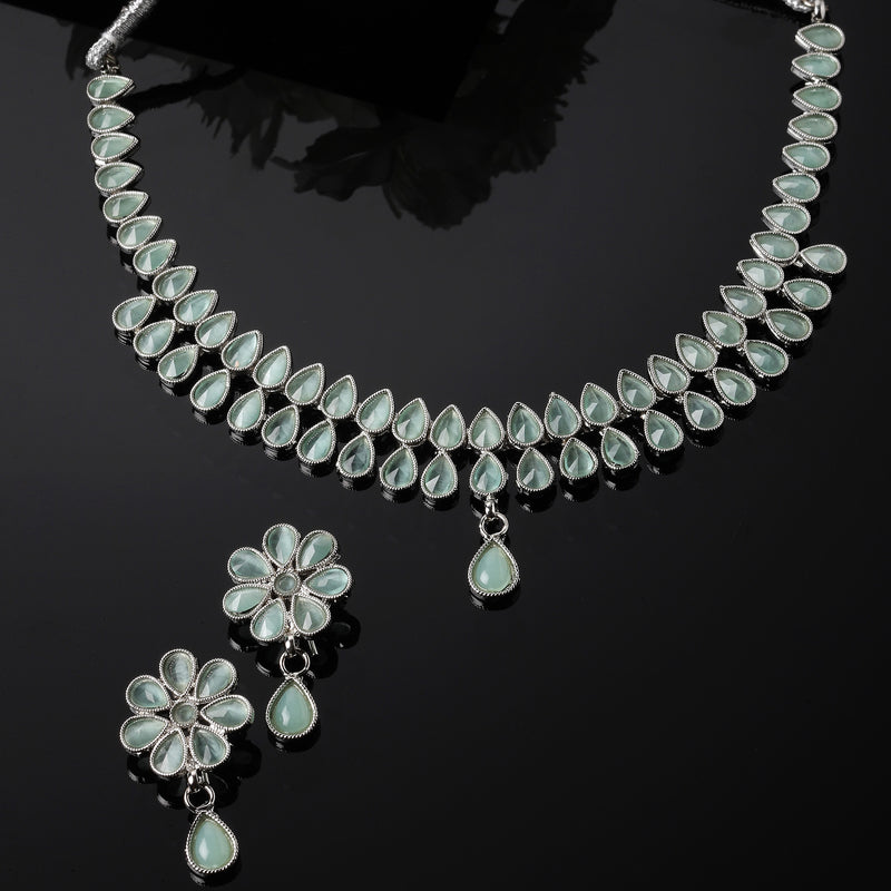 Oxidised Silver-Plated Pear Shaped Lime Green American Diamond Studded Necklace with Earrings Jewellery Set