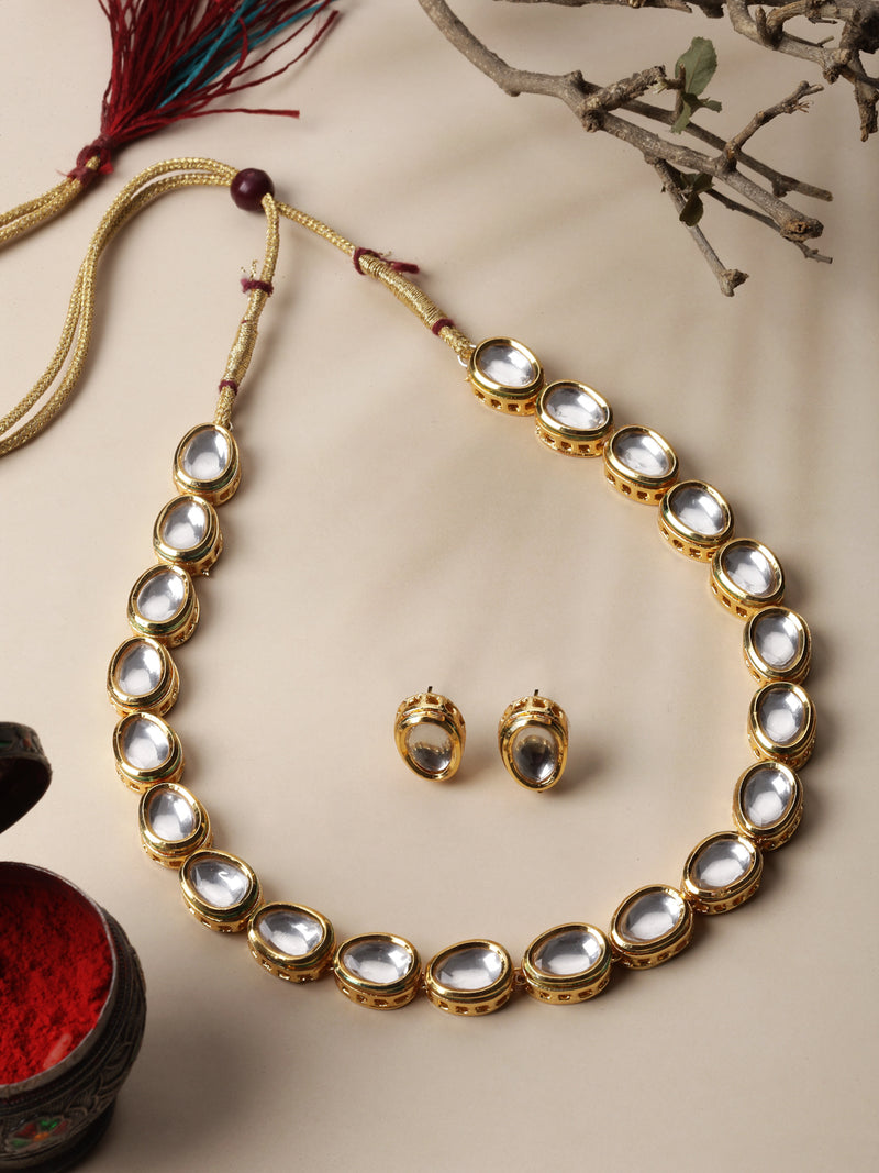 Gold-Plated White Kundan Studded Necklace with Earrings Jewellery set